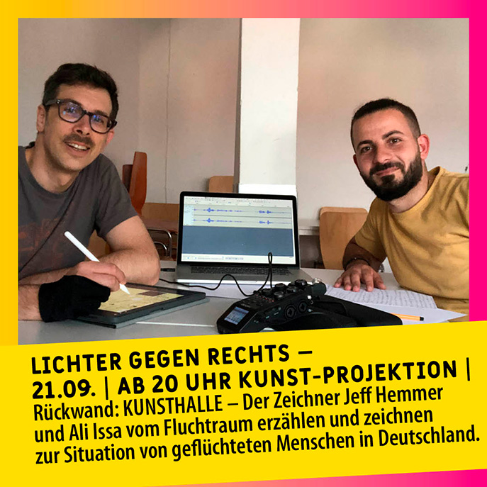 Der Zeichner Jeff Hemmer und Ali Issa vom Fluchtraum arbeiten zusammen mit einem Aufnahmegerät